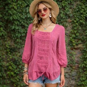 NAF NAF Rose Pink Embellished Peasant Blouse, M